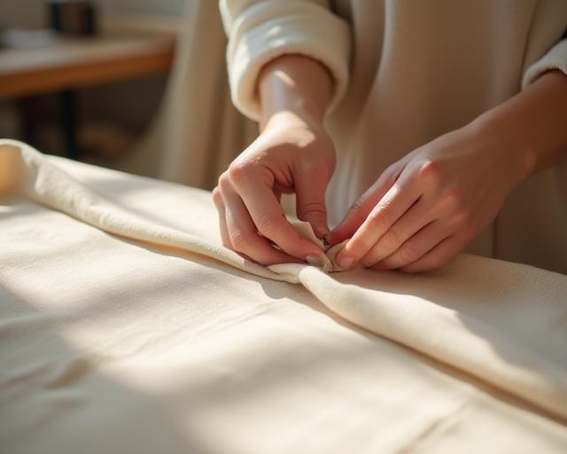Designer cutting linen fabric in Sydney studio